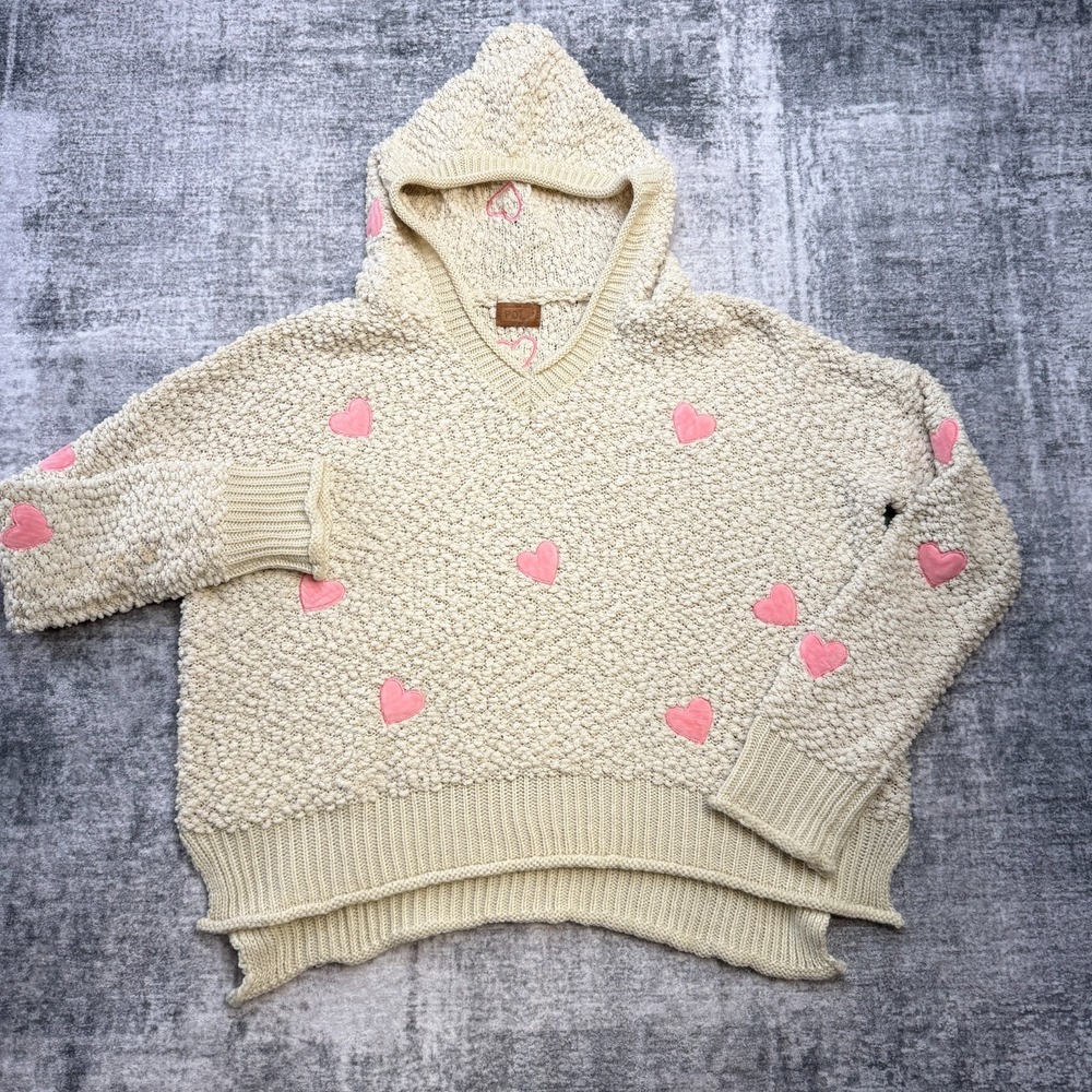 POL Hoodie Women Large Beige Popcorn Knit Hearts Roll V- Neck Cozy Girly Sweater